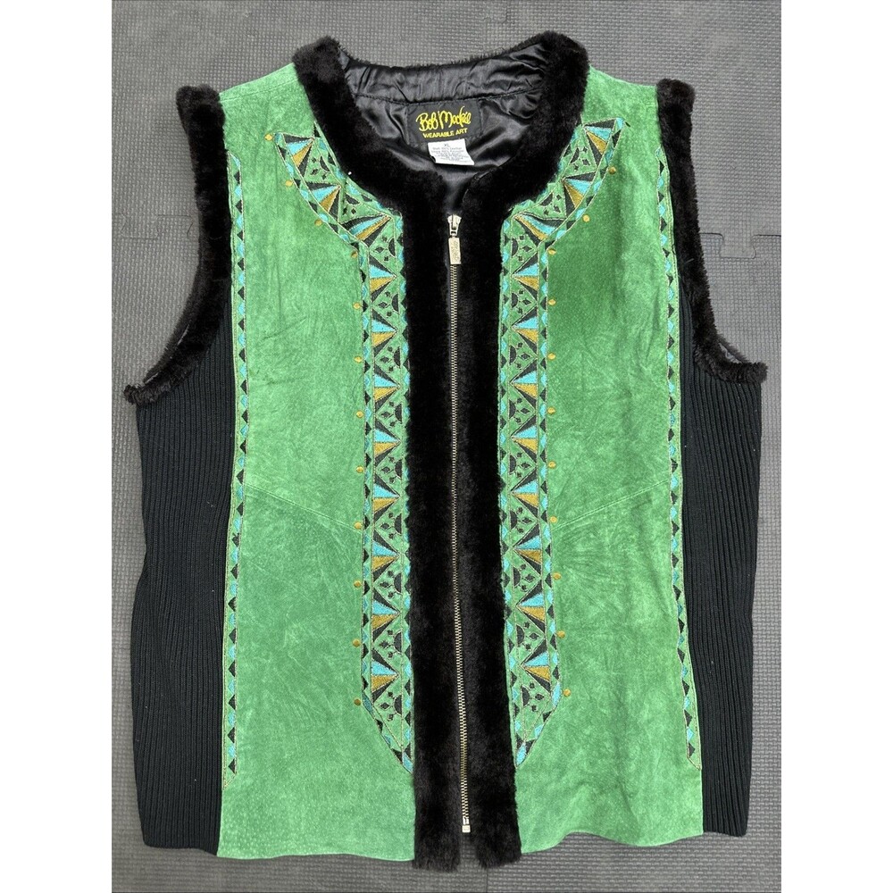 Bob Mackie Wearable Art Green Leather Vest Plus XL Faux Fur Trim Embroidered